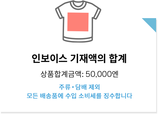 인보이스 기재액의 합계. 주류・담배 제외 모든 배송품에 수입 소비세를 징수합니다